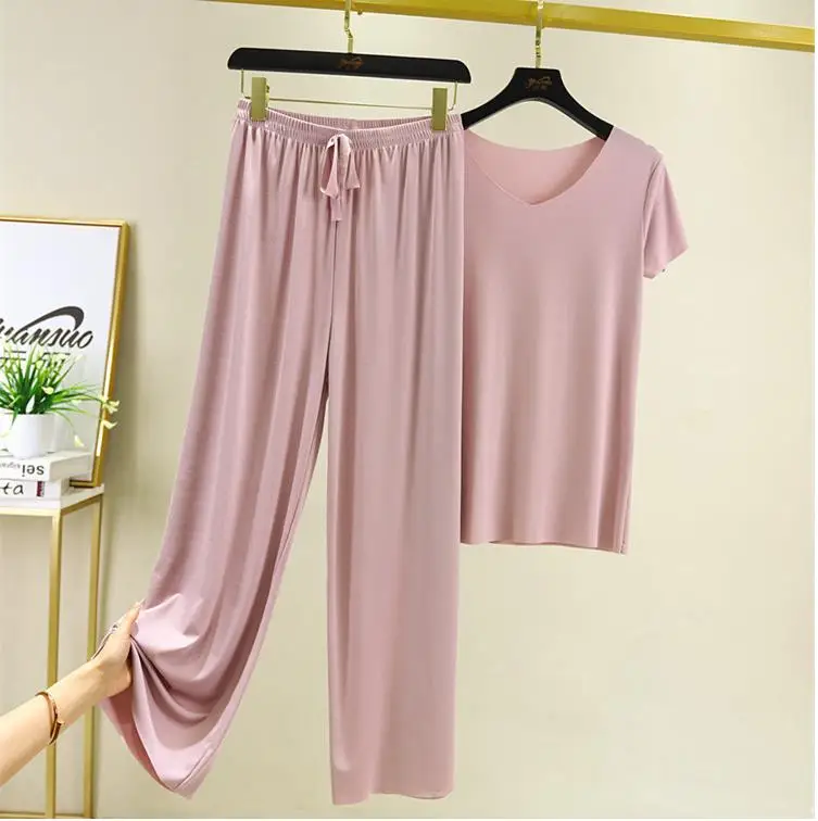 Solid Pijama set Women Clothing Summer Fashion Thin Homewear Casual Loose tshirt Wide Leg Pants Set for Women