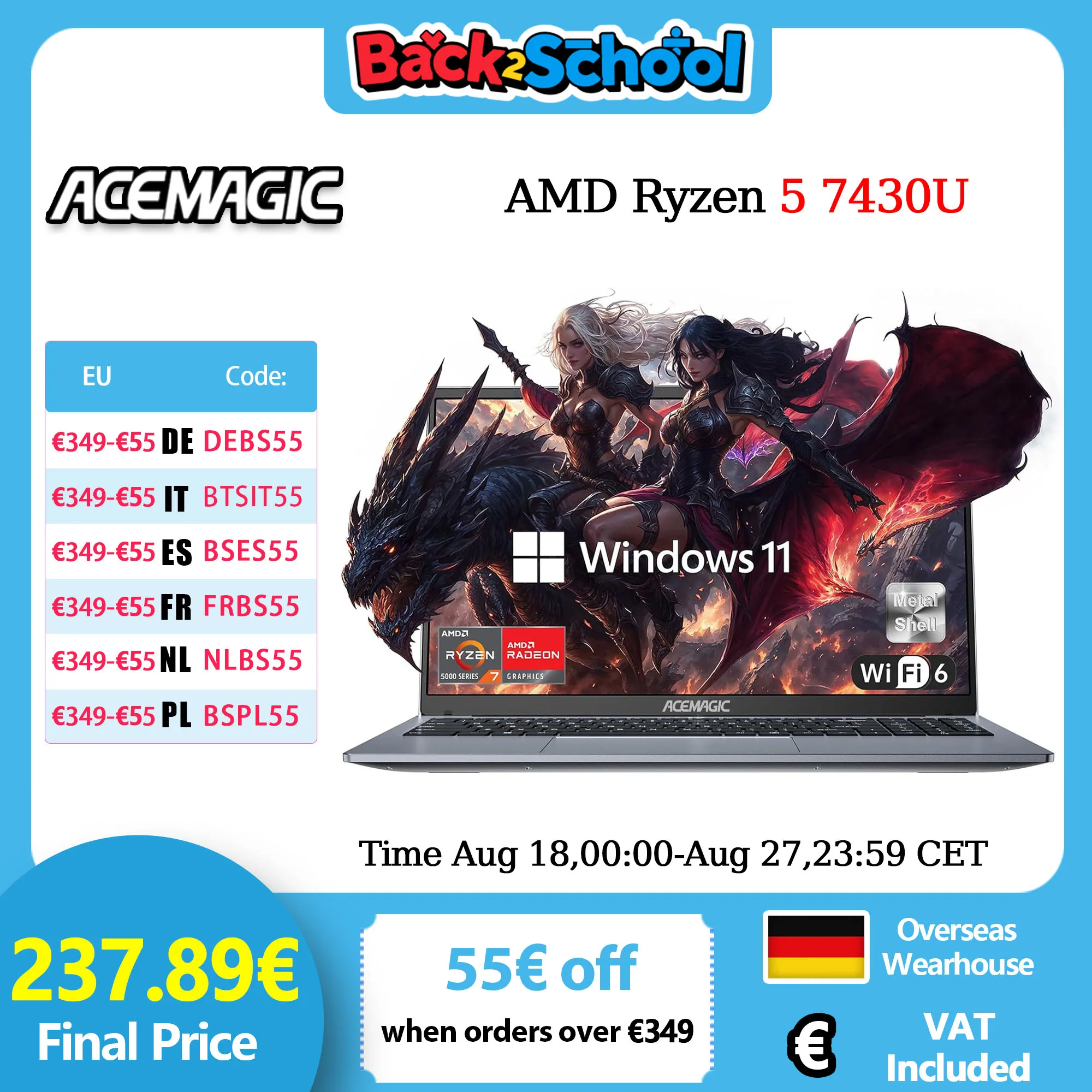 ACEMAGIC Laptop 15,6 pollici FHD AMD Ryzen 5 7430U 16 GB RAM 512 GB SSD Windows 11 Pro Notebook 180° Flip Computer Wi-Fi 6 BT5.2
