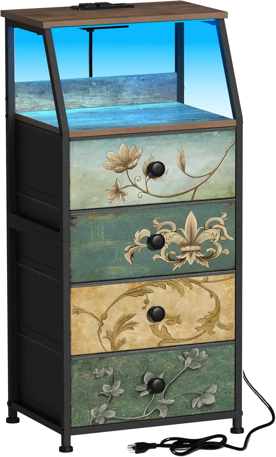 

Nightstand with Fabric Drawers Charging Station and LED 2 Tier Shelf Storage Tower for Bedroom Hallway Entryway Closet Organizer