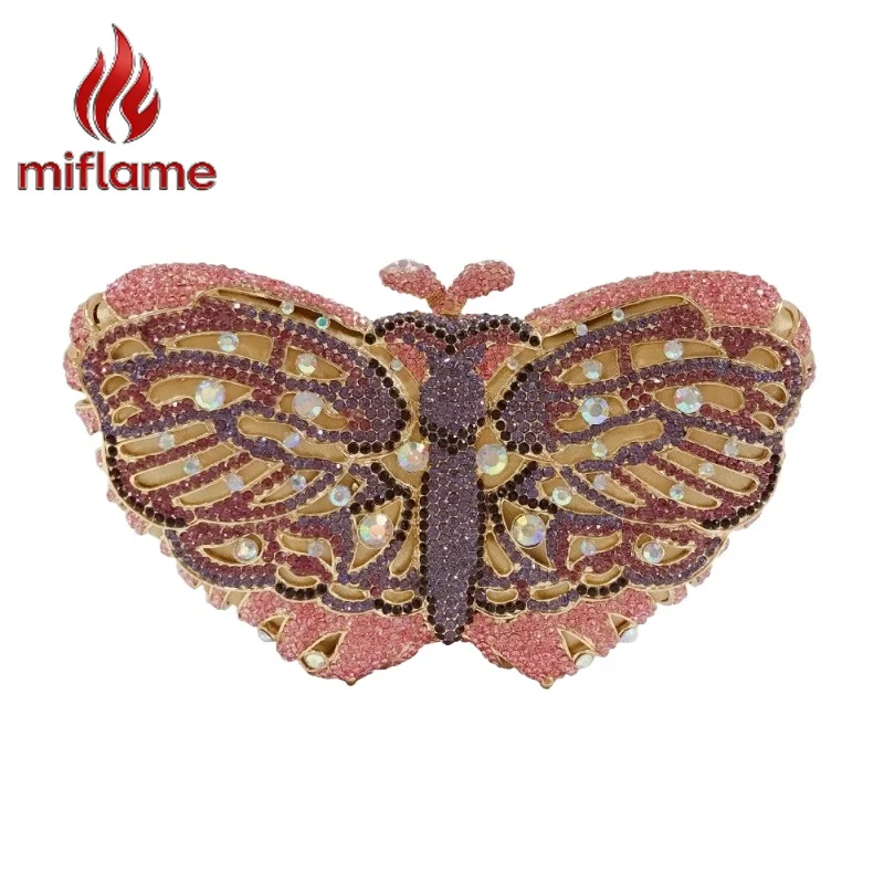 Evening Clutch Pink Butterfly Crystal Rhinestone Shoulder Bag Encrusted Hard Box Cutout for Women Party Wedding Prom Gala
