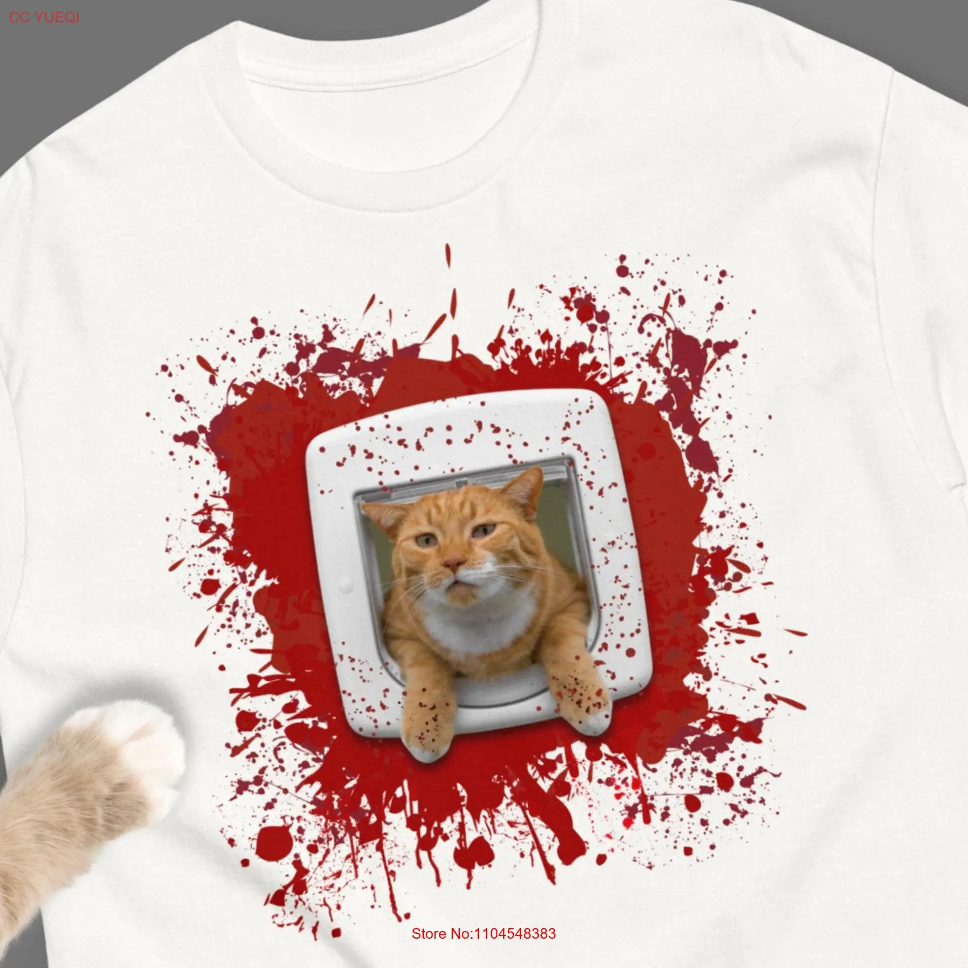 HORROR CAT HALLOWEEN T shirt Ginger Flap Funny Blood Splattered Aliens Stain Joke long or short sleeves