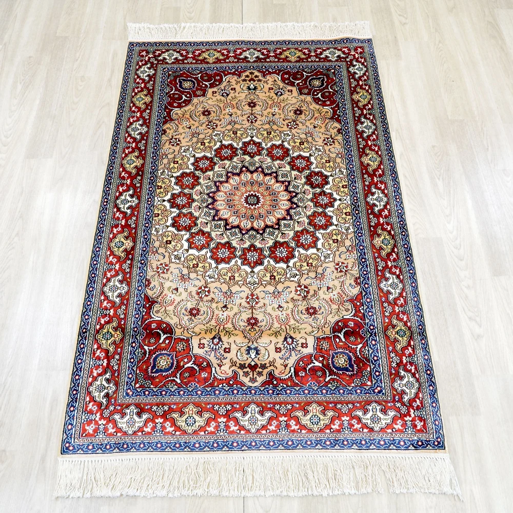 91x152cm Handmade Traditional Persian Carpet Turkish Medallion Floral Silk Rug (LH1052B)