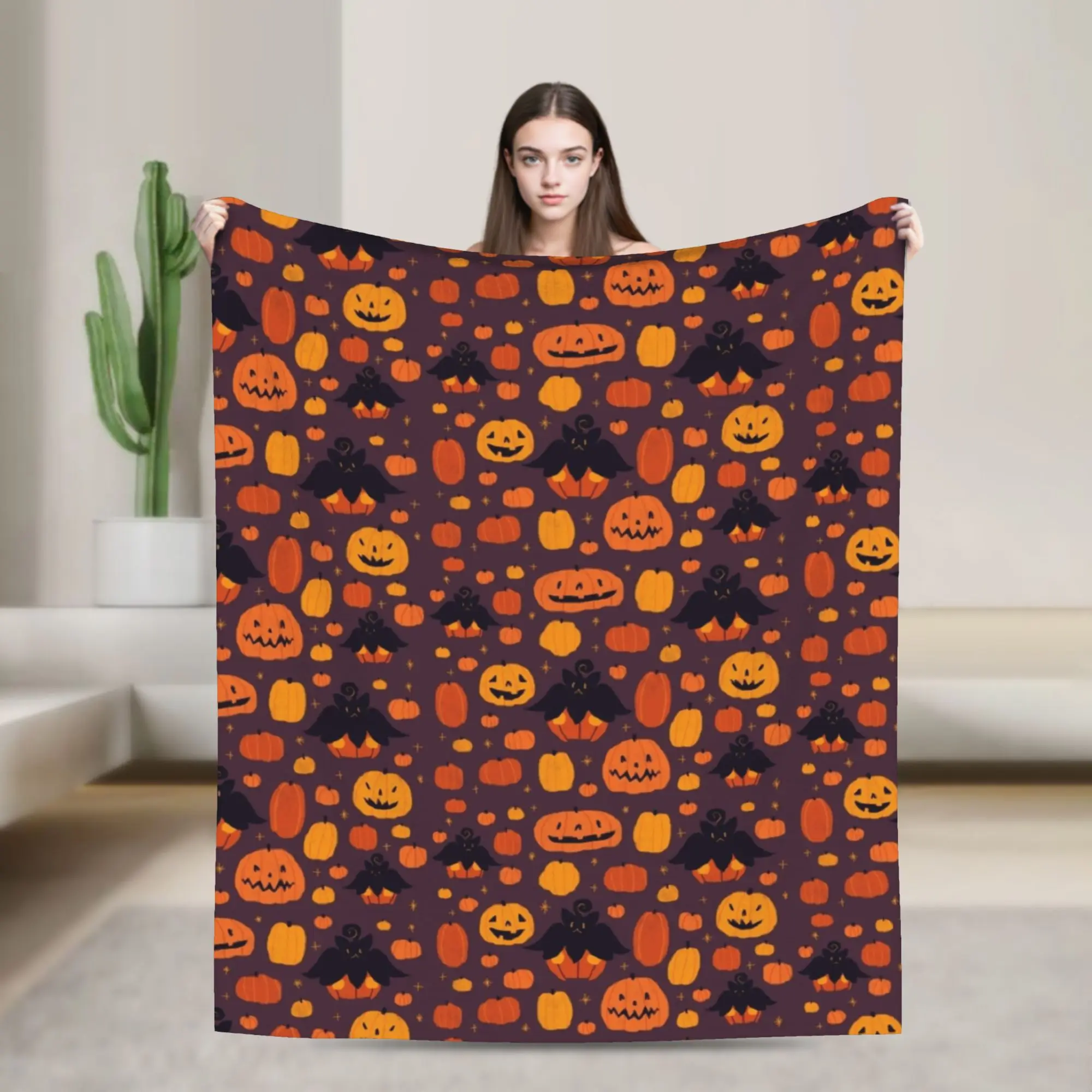 Cartoon Pumpkin Bat Fleece Throw Blanket Happy Halloween Blanket for Home Outdoor Super Soft Bedroom Quilt