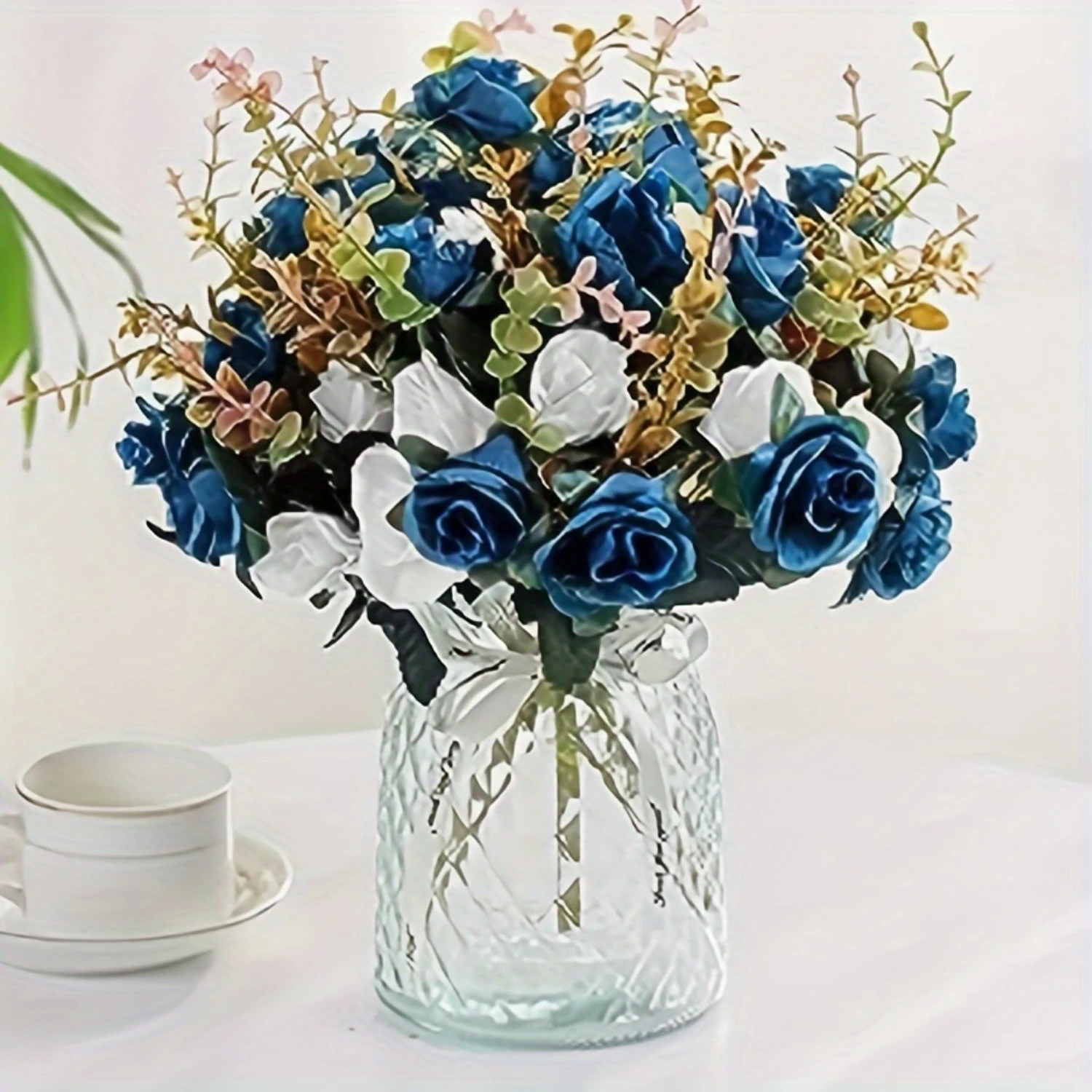 

4 Bunches Artificial Flowers, Faux Roses, Fake Silk Plastic Flowers for Wedding, Christmas, Office, Hotel, Table Plant Decoratio