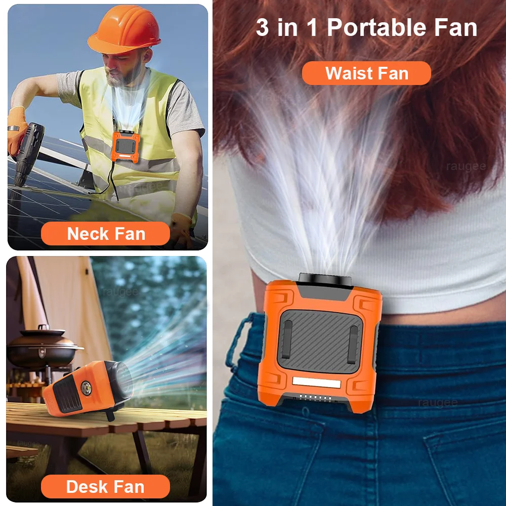 Portable Waist Fan 10000mAh Outdoor Hanging Neck Fan Rechargeable Strong Wind Waist Clip Camping Fan with Power Bank Lighting