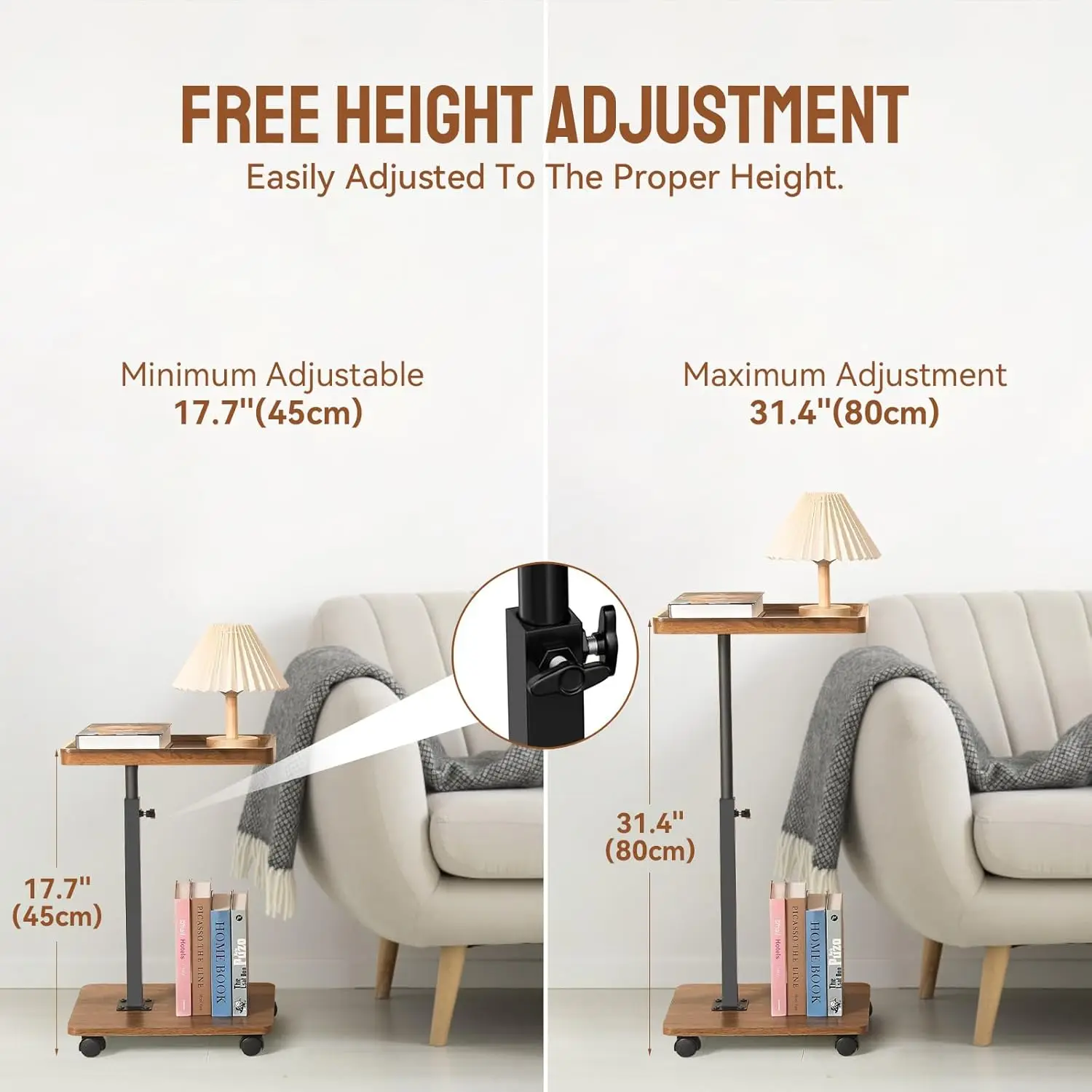 

Adjustable C Shaped Side Table, C Table End Table With Wheels For Sofa, 360° Swivel Sofa Table For Livingroom,Bedroom,Study And