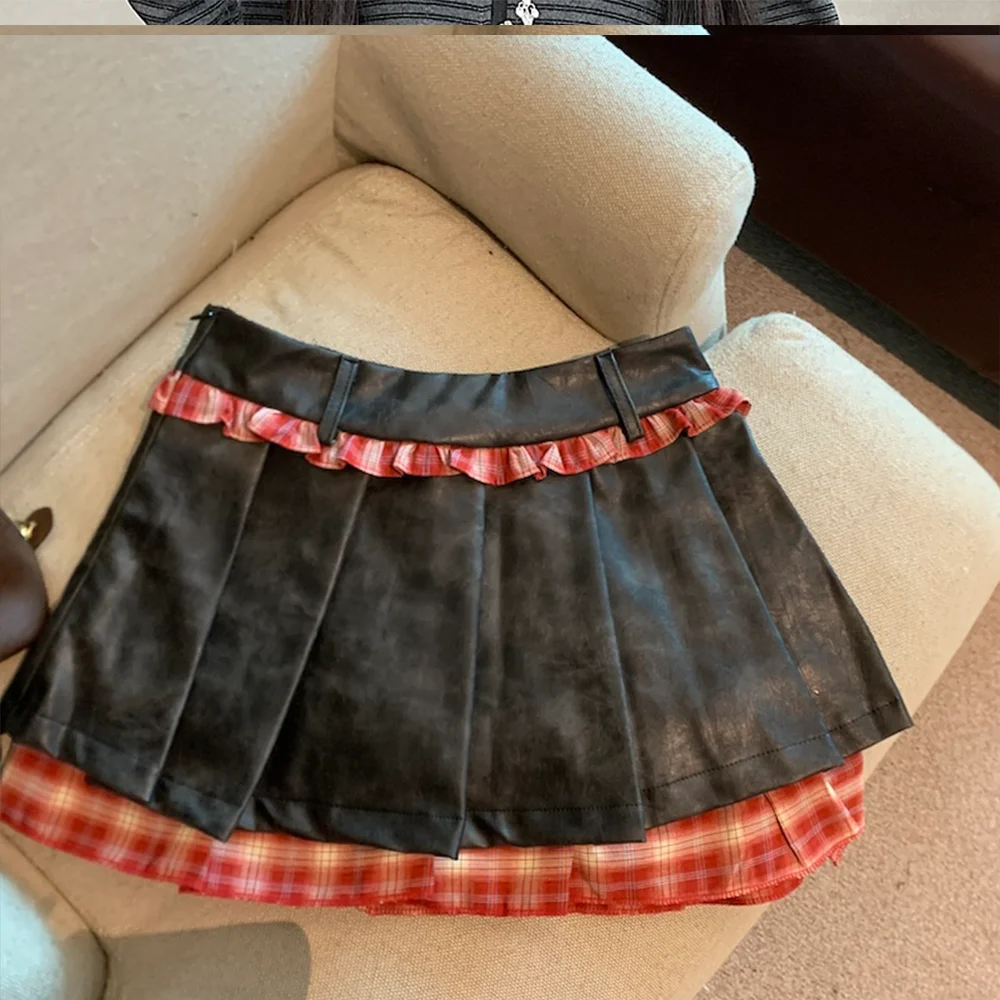 Women's Brown Black Gothic A-Line PU Leather Mini Skirt Y2K Harajuku High Street Cute 90S Sexy Short Skirt Fashionable Clothing