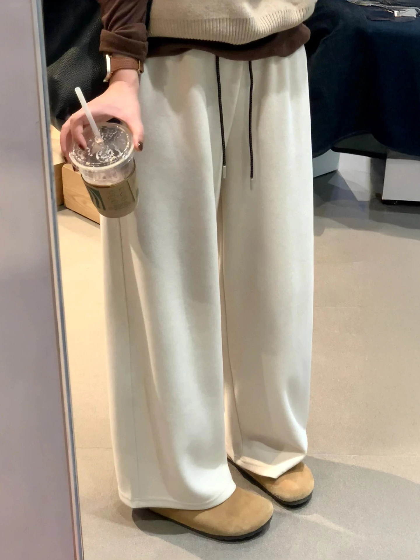 Pantaloni a gamba larga a vita alta Pantaloni invernali comodi e dimagranti foderati in Fce dal taglio dritto casual da donna in colore beige