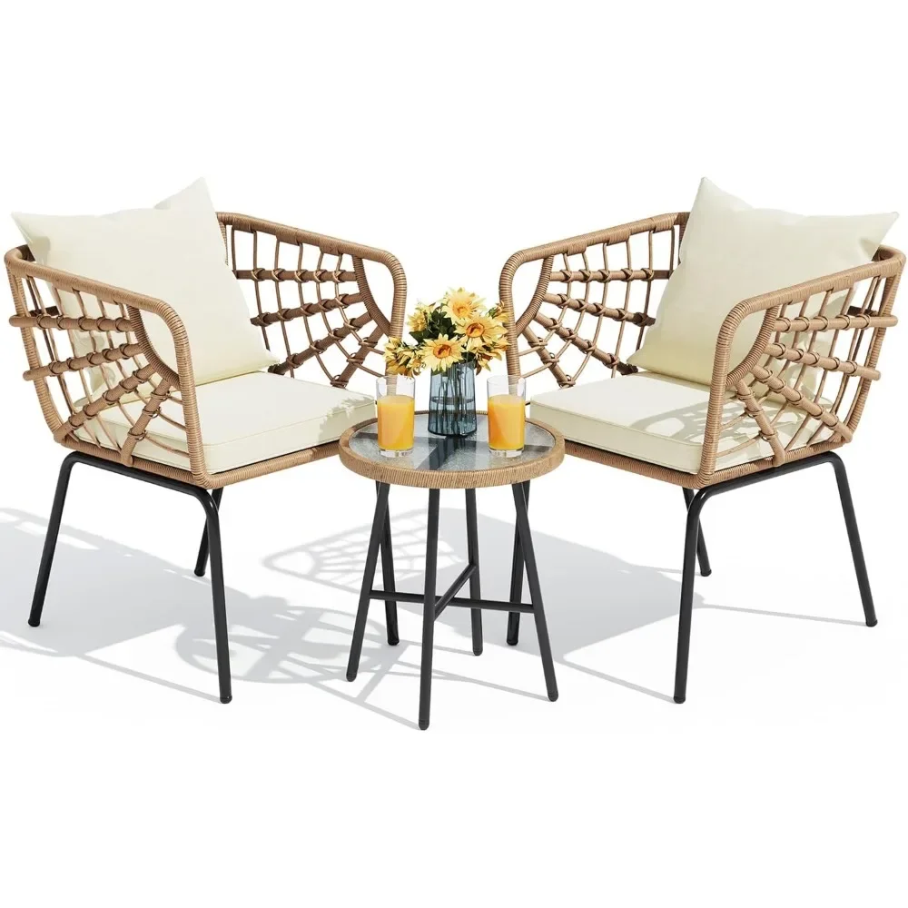 Set sedia da caffè 2 pezzi, poltrona in rattan con rivestimento, comoda sedia da soggiorno, sedia da caffè medievale con tavolino