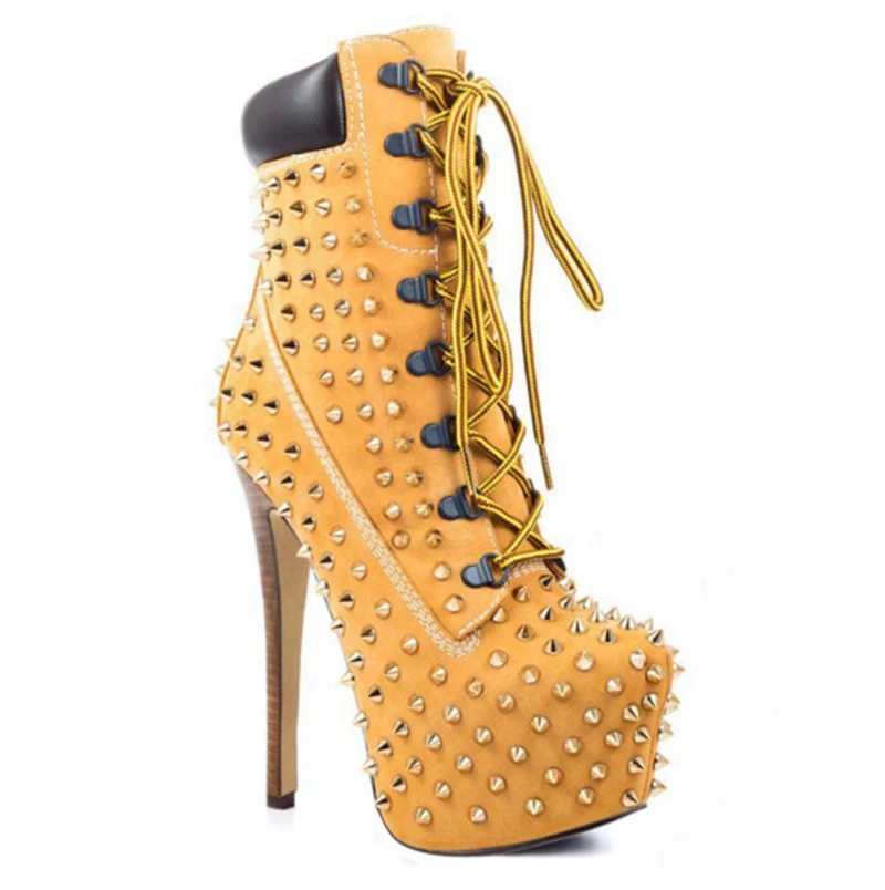 

Классические ботильоны из верблюжьей замши на высокой платформе с заклепками и заклепками, женские короткие ботинки на очень высоком каблуке со шнуровкой и шипами