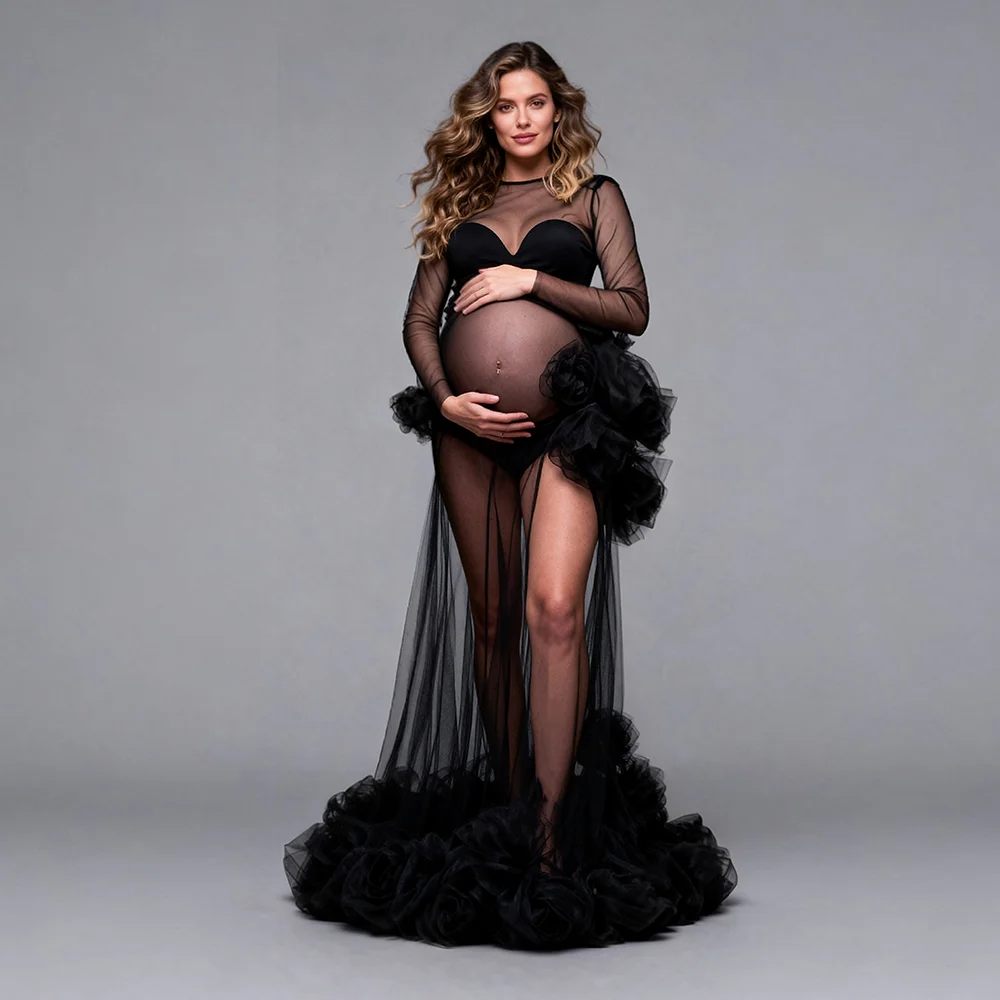 Elegant Black Sheer Tulle Maternity Photoshoot Dresses 3D Floral Ruffle Dress for Pregnant Women Baby Shower Dress YW6428D