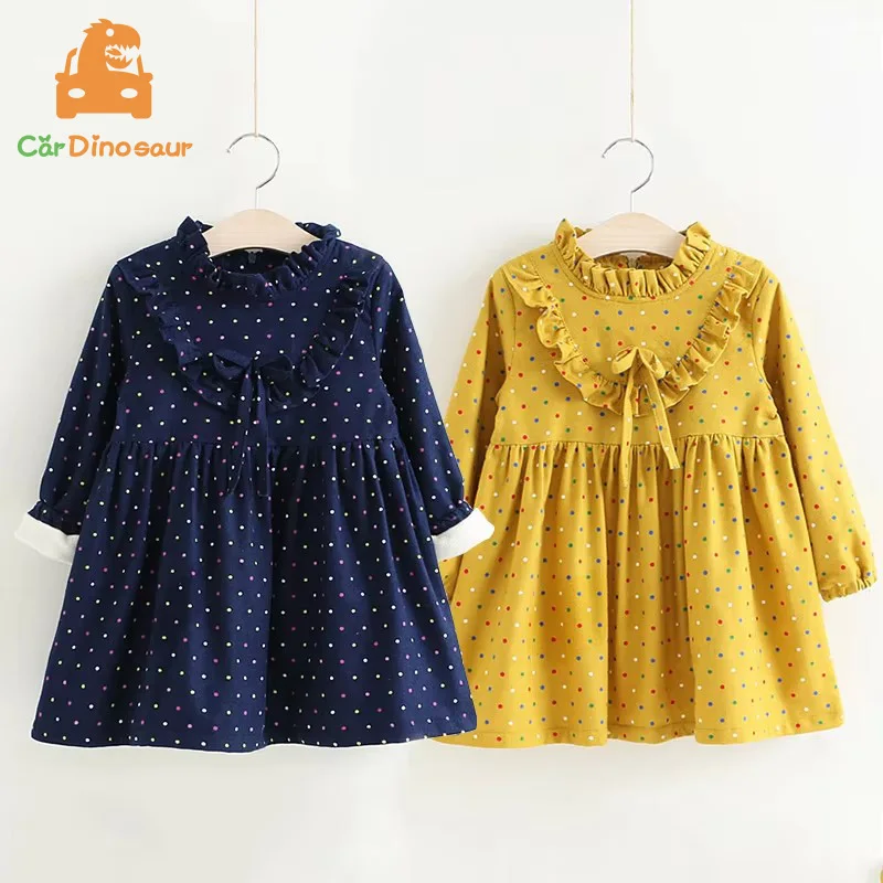 

2025 Winter 2 3 4 6 8 10 Years Kids Crew-Neck Long Sleeve Dot Bow Thickening Plus Velvet Warm For Baby Girls Winter Dress