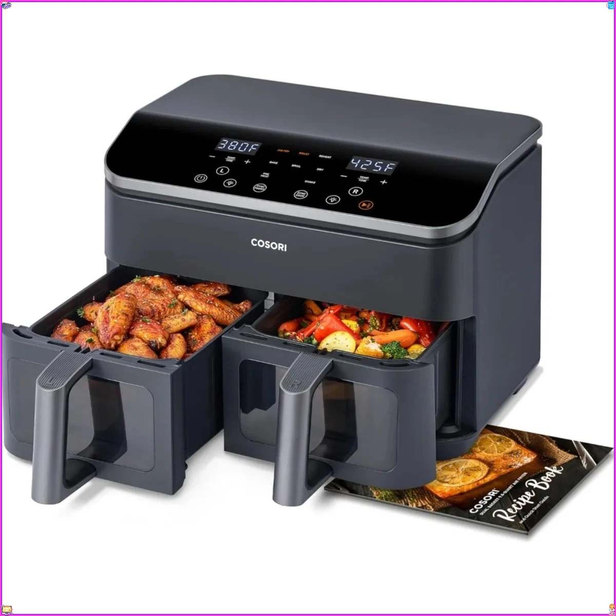 

Dual Air Fryer 9QT 10-in-1 Double Baskets Sync Cook 130 Recipes Dishwasher Safe