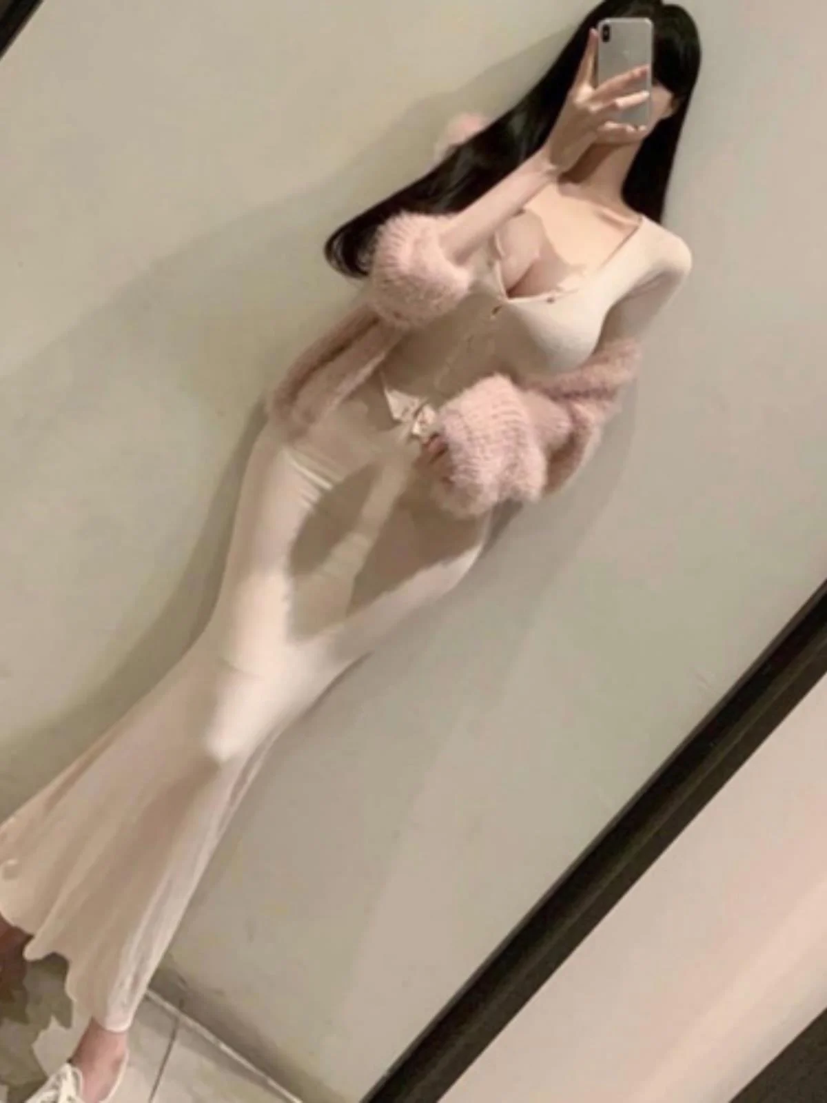 

Женская шикарная футболка с длинным свеком и юбка с хвостом Fi GT03, кардиган с открытой грудью, длинный зимний ансамбль Faion