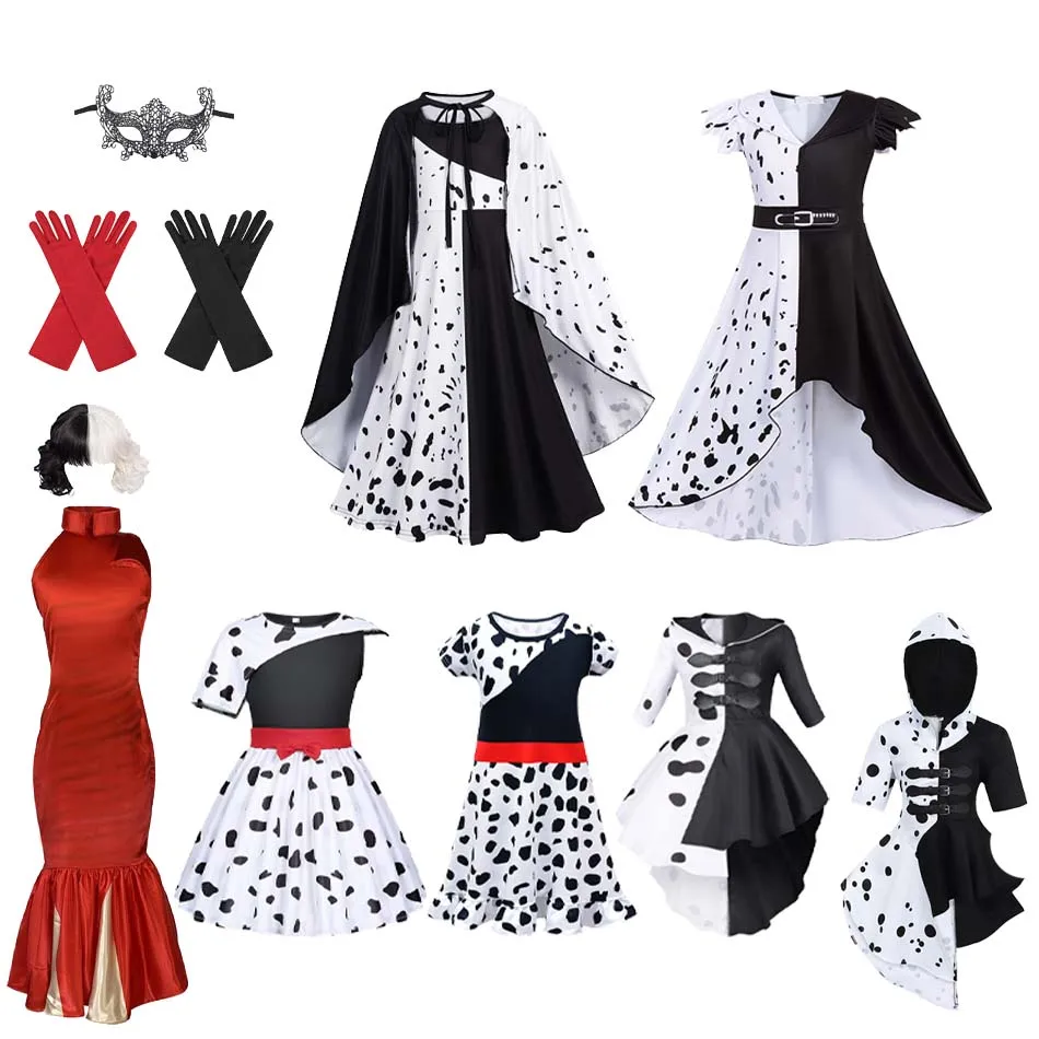 Halloween Girls Cruella Cosplay Costume Carnival Party Child Black White Witch Vampire Cartoon Dress Up Kids Performance Dresses