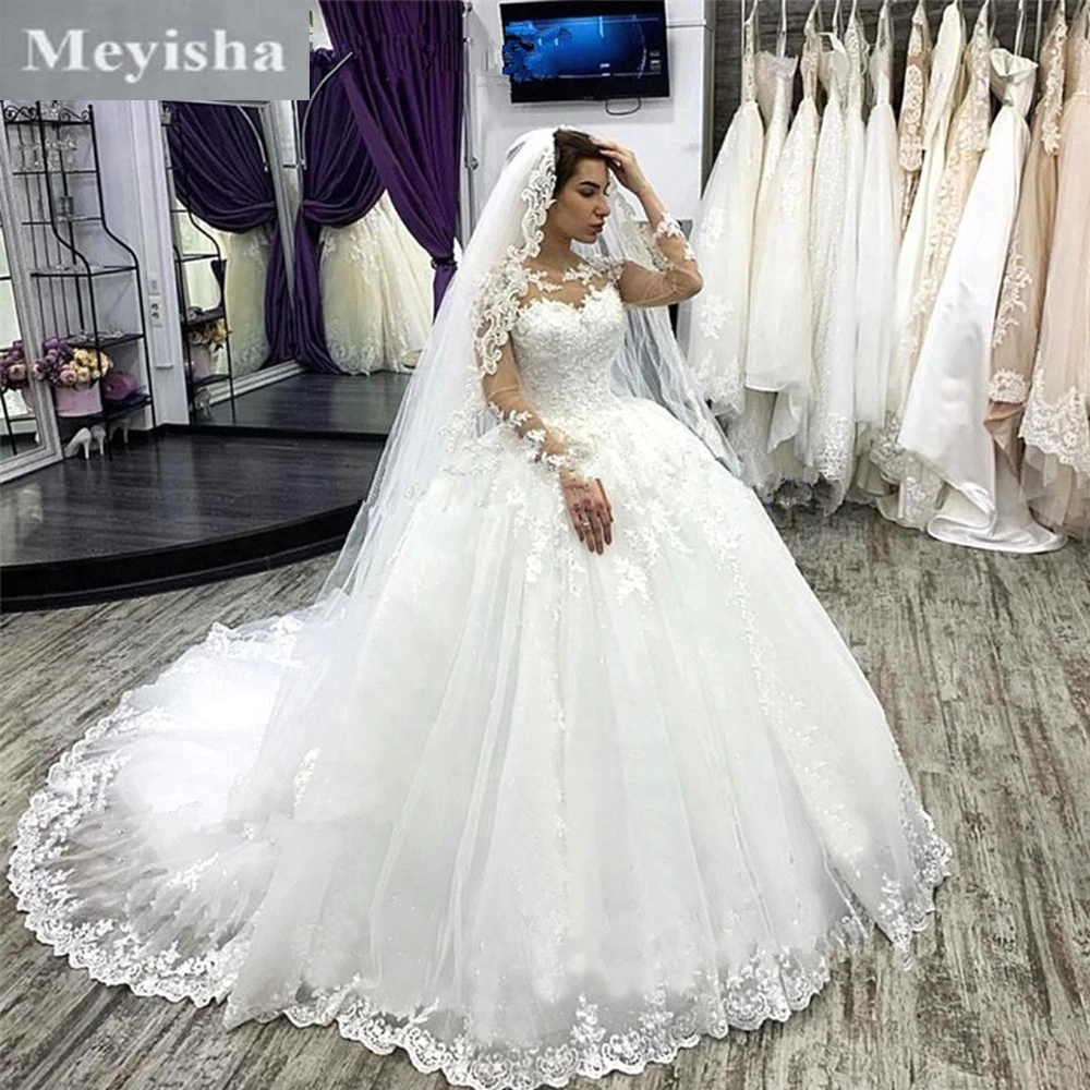 

ZJ9335 Princess Fluffy 2023 Appliques Lace Illusion Ball Bridal Gown Wedding Dress With Long Sleeve Customer Made