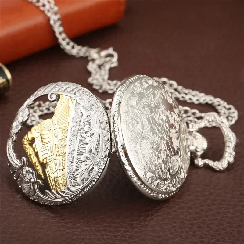 Silver Gold Train Design Watch Hollow-Out Locomotive Cover Unisex Quartz Analog Pocket Clock Arabic Numeral Necklace Chain Reloj