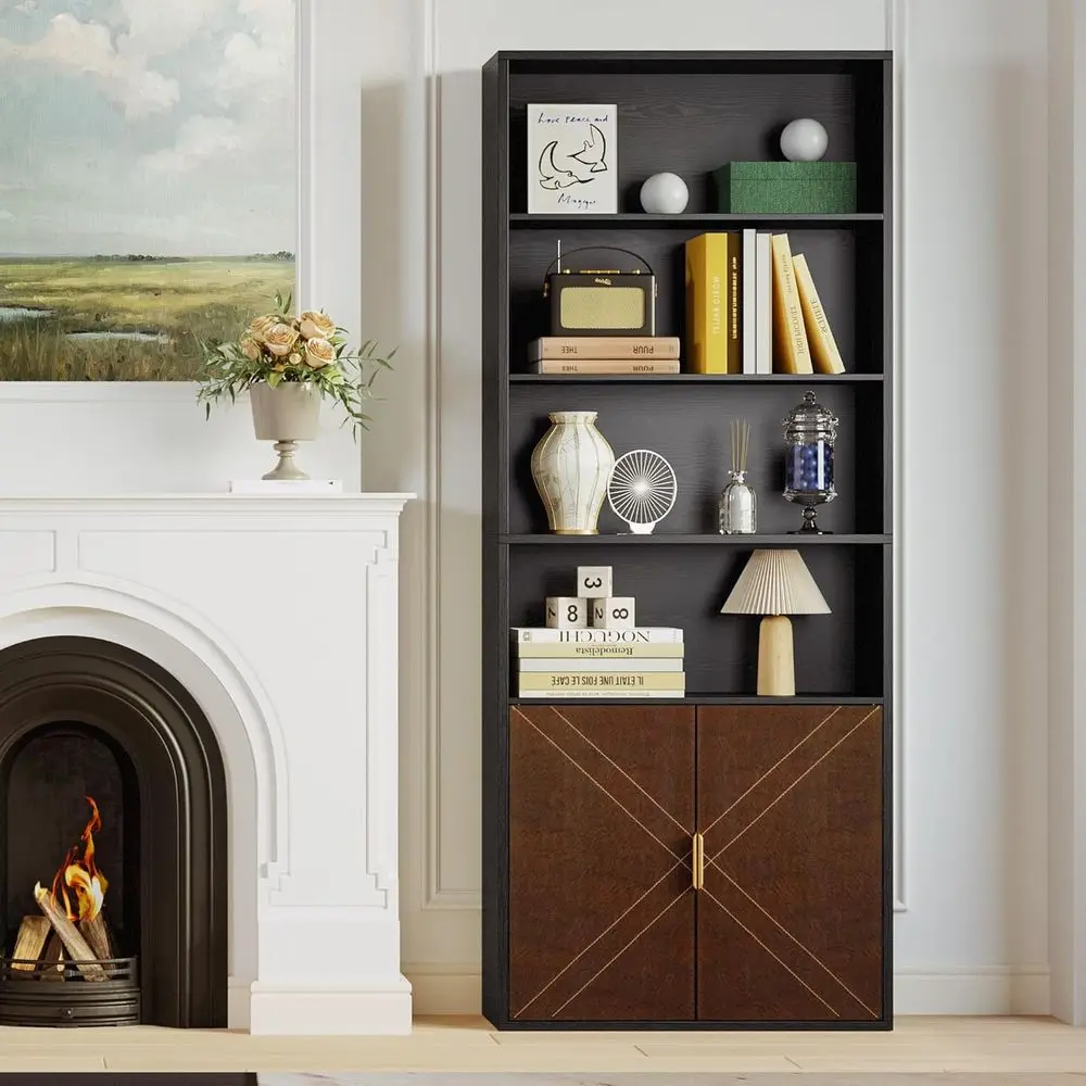 رف كتب وخزانة كتب بأبواب جلدية، رف كتب بطول 70 بوصة، علبة عرض مكونة من 6 طبقات على الأرض للمكتب المنزلي وغرفة المعيشة، #4