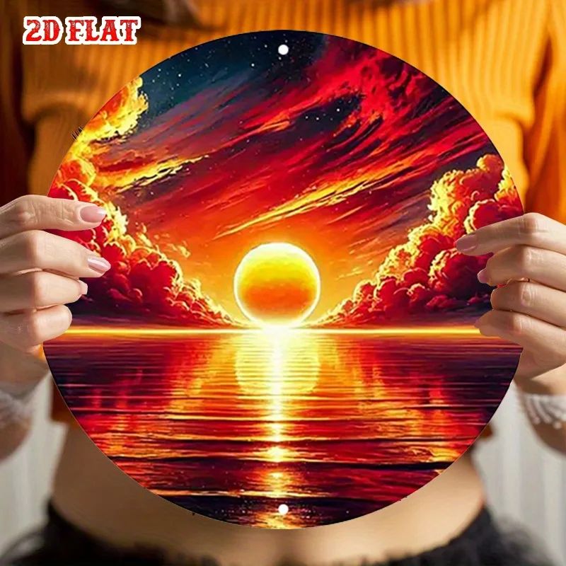 2D Flat, 2D Flat 1pc Majesty Aluminum Metal Tin Sign, Clouds Round Aluminum Sign, Tranquil 7.8X7.8Round Aluminum Sign - Sunset R