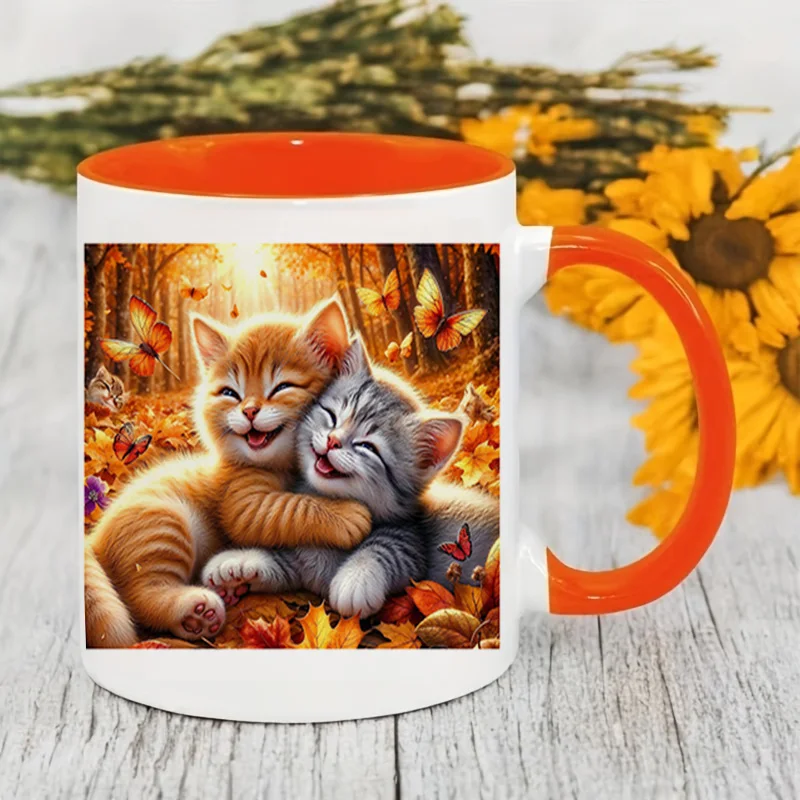 Cute Kitten Hugging Colorful Butterfly Autumn Forest Ceramic Coffee Mug 11oz 350ml Personalized Custom Mug Microwave Safe Cute A