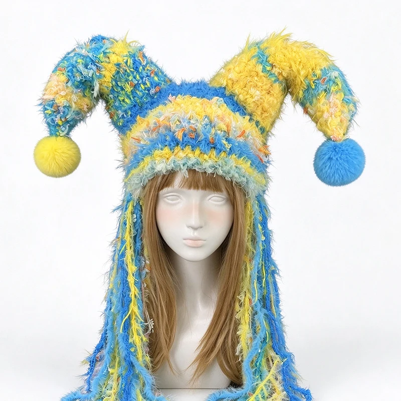 Handmade Blue Yellow Jester Clown Hat Women Winter Warm Custom Crochet Tassel Pom Knit Beanie Men Cosplay Carnival Festival Cap