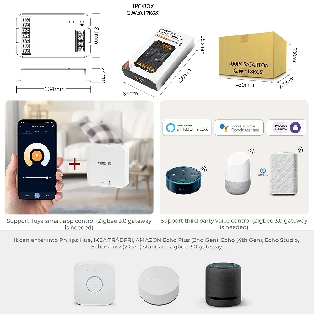 

Miboxer Zigbee 3.0 + 2.4G RF LED Controller HZ2 2IN1 HZ5 5IN1 Max 30A For Single Color Dual White RGB RGBW RGB+CCT LED Strip