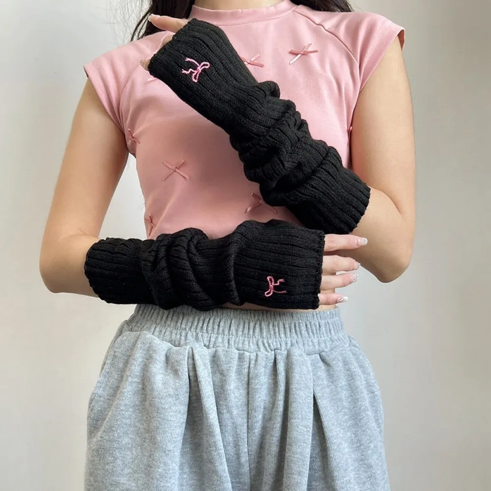 Long Arm Warmer Gloves Bow Cherry Strawberry Embroidery Cold Proof Warm Arm Sleeve Knitted Fingerless Gloves Autumn Winter