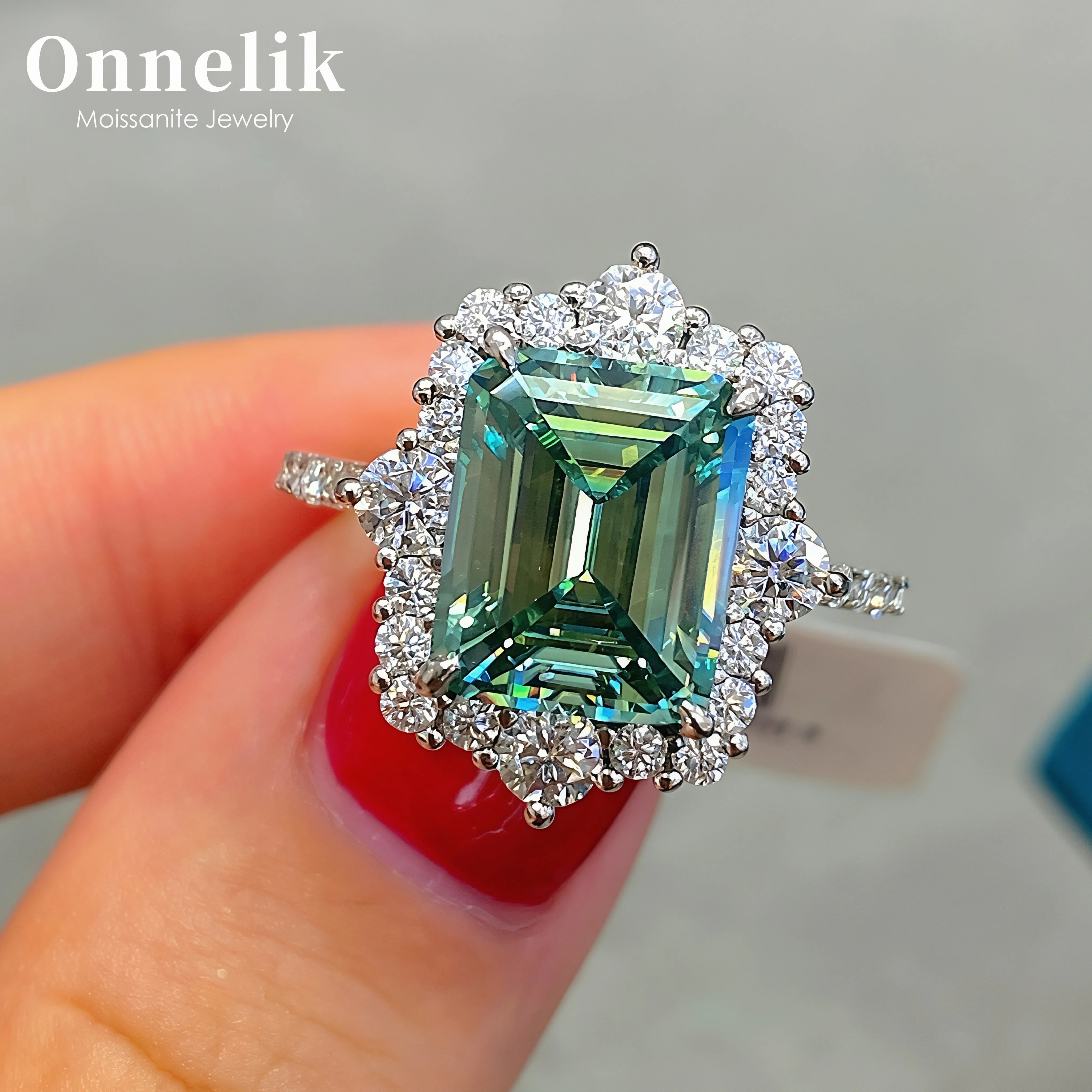 Onnelik 8x10mm Emerald Cut Teal Moissanite Solitaire Ring S925 Sterling Silver Minimalist Versatile Fine Jewelry Gift for Women