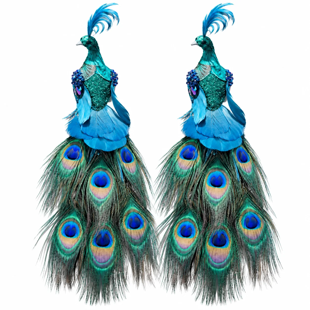2PCS Artificial Peacock Figurine Decorative Peacock Statue with Feathers for Home Garden Tabletop Decor Blue