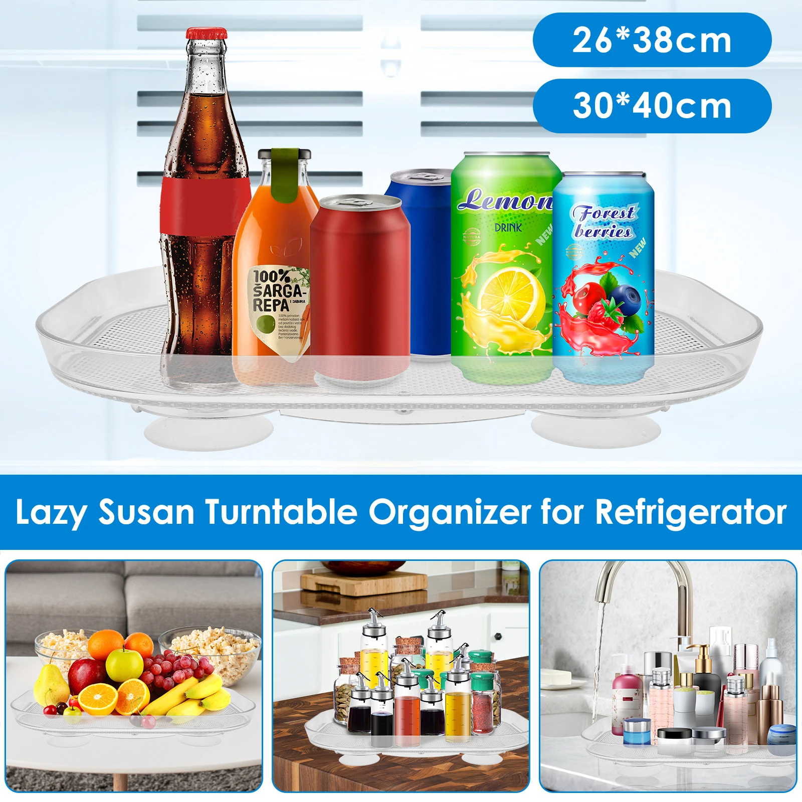 Lazy Susan Turntable Organizer for Refrigerator 360 Degree Rotating Storage Rack Clear Rectangular Turntable Storage Tray