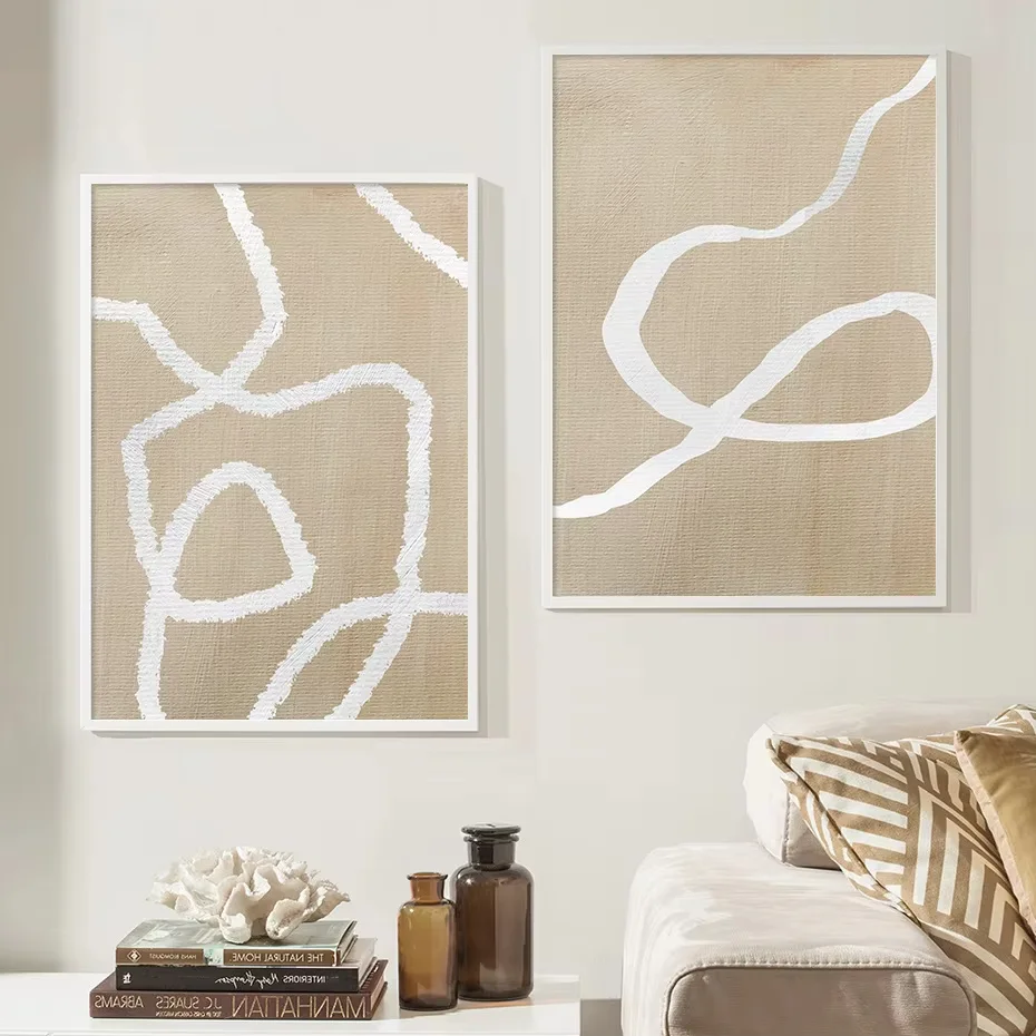 

2pcs Abstract Beige Boho Canvas Wall Art, Modern White Line Canvas Art Paintings for Living Room Decortions Gifts - Frameless
