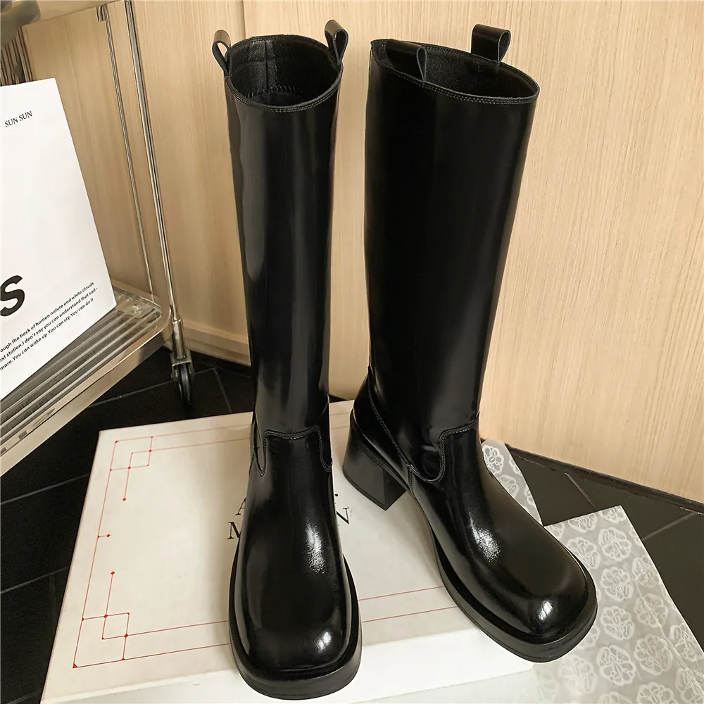 MILI-MIYA Fashion Wide Leg Boots Women Cow Leather Knee High Boots Slip On Round Toe Thick Heels Retro Style Handmade For Ladies