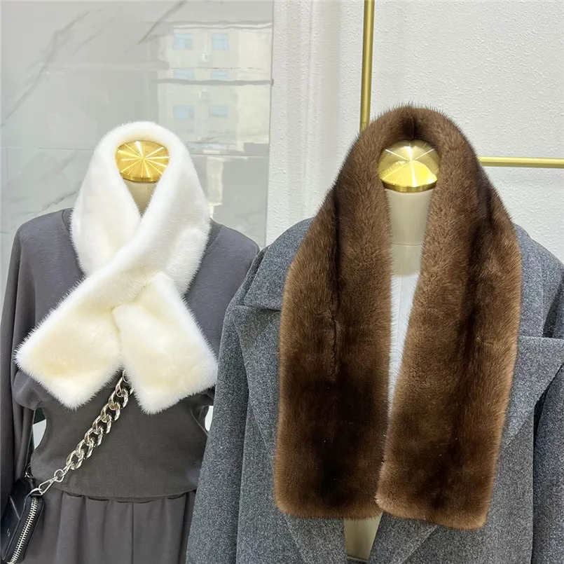 Winter Warm Fluffy Real Mink Fur Scarf Loophole Soft Luxury Neck Wraps for Cold Winter Rectangle Formal Collar