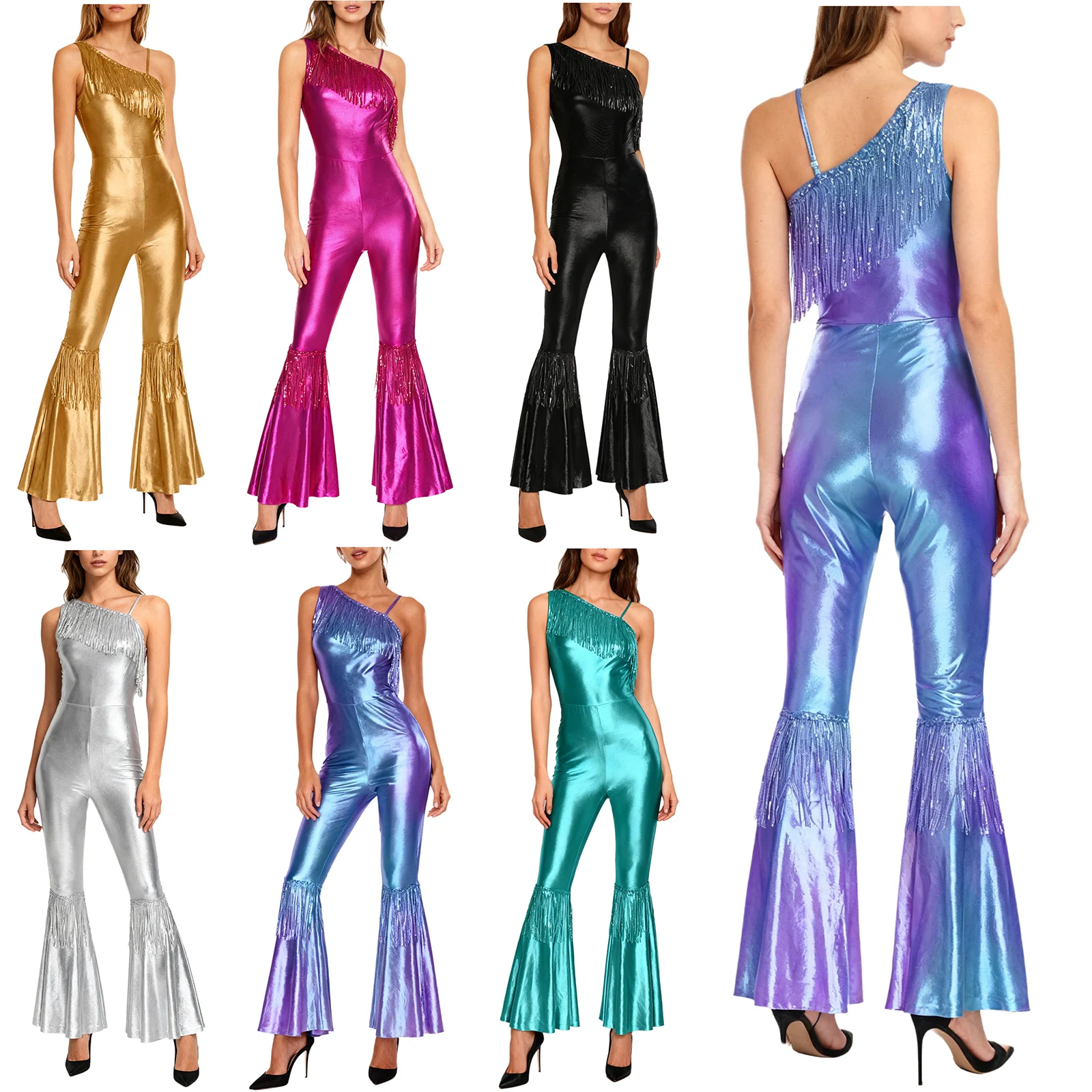 여성용 반짝이는 메탈릭 70년대 80년대 디스코 재즈 왈츠 댄스 점프수트 스팽글 태슬 슬림핏 플레어 팬츠 롬퍼 파티 클럽 레이브용