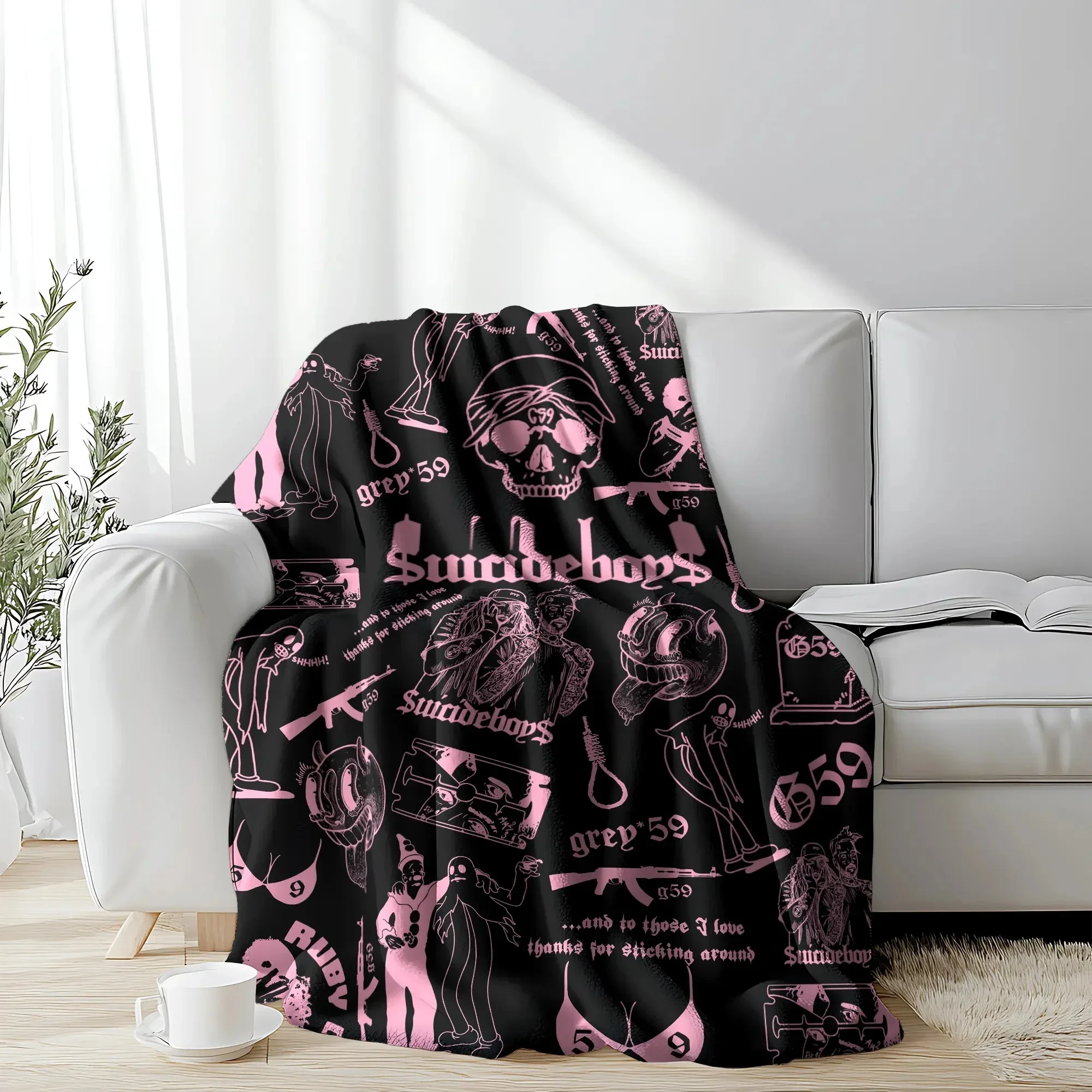 Retro Punk Print Blanket, Soft Horror Skull & Clown Art Blanket Versatile For Sofa Nap Camping And Fan Collectible Present