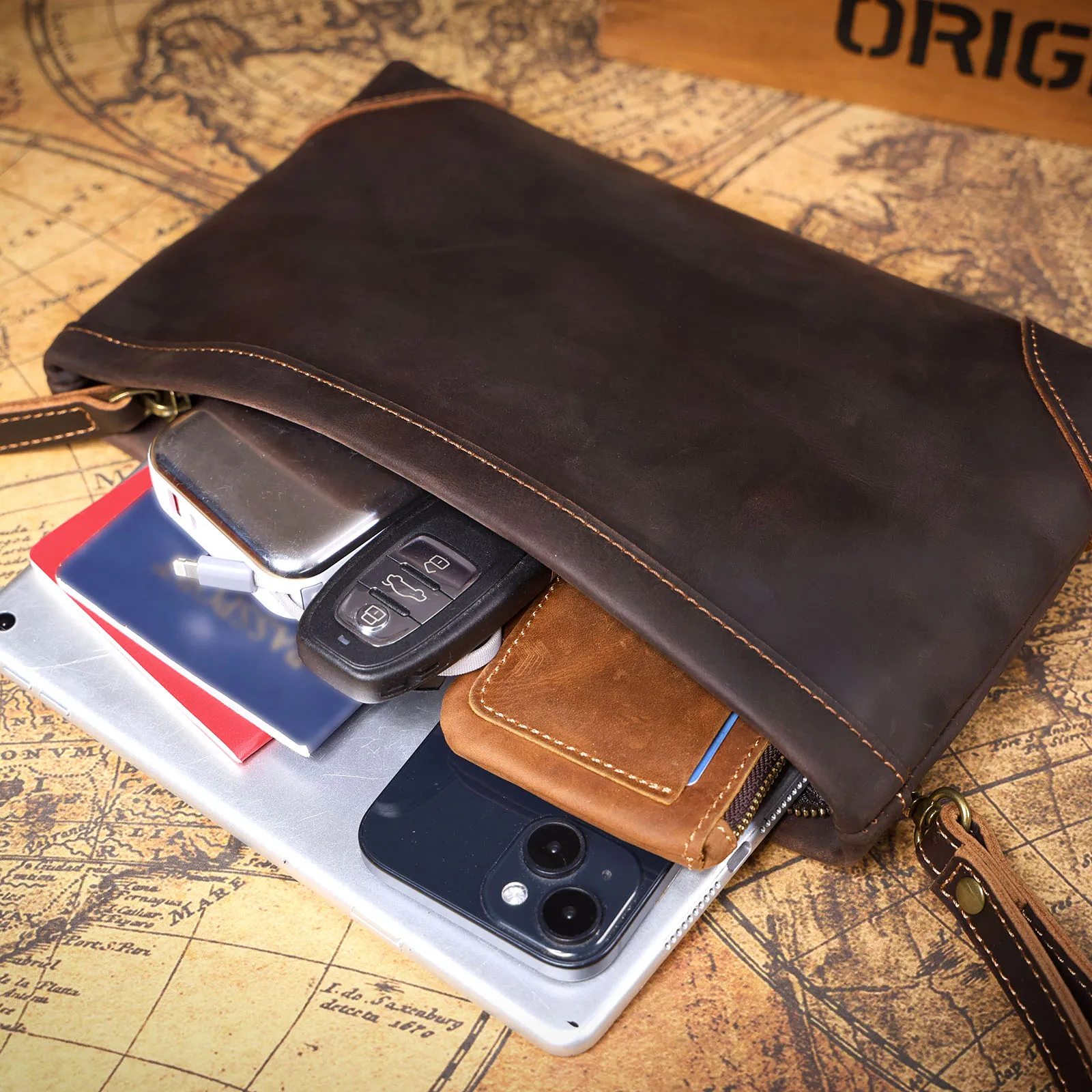 S.WORKER Vintage Echtleder Herren-Clutch-Tasche Lange Geldbörse für Männer Erstschicht-Leder-Portemonnaie Retro-Kartenhalter Handyhalter – Detail 11