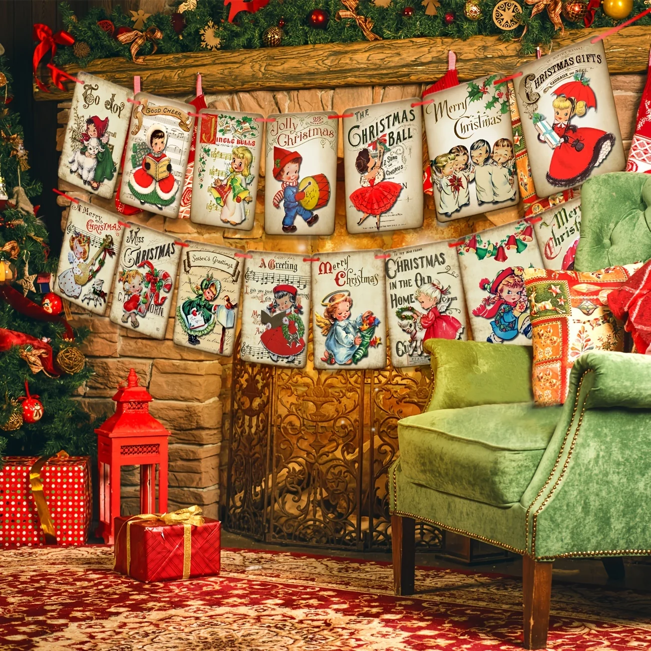 Vintage Christmas Decorations Christmas Party Banner - Christmas Decor Retro Xmas Banner Santa Claus Candy Cane Garland Indoor O