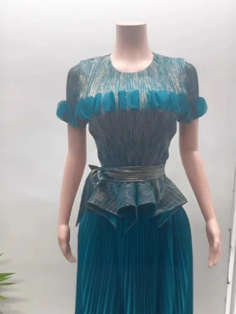 2025 여름 신상 미야케 플리츠 수트 솔리드 컬러 탑 + 롱 스커트 투피스 세트 루즈핏 여성 의류