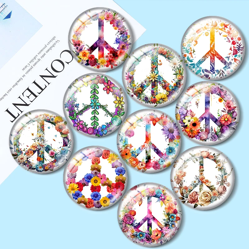 Watercolor Peace Sign with Roses 12mm/16mm/18mm/25mm 10pcs Round Photo Glass Cabochon Demo Flat Back Making findings