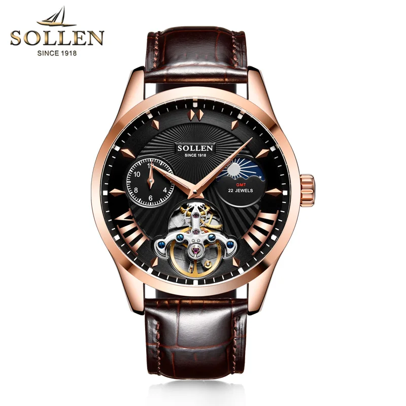 

SOLLEN Brand High-end Mechanical Watch for Men Fashion Moon Phase Automatic Tourbillon Watches Mens Leather Waterproof Clock