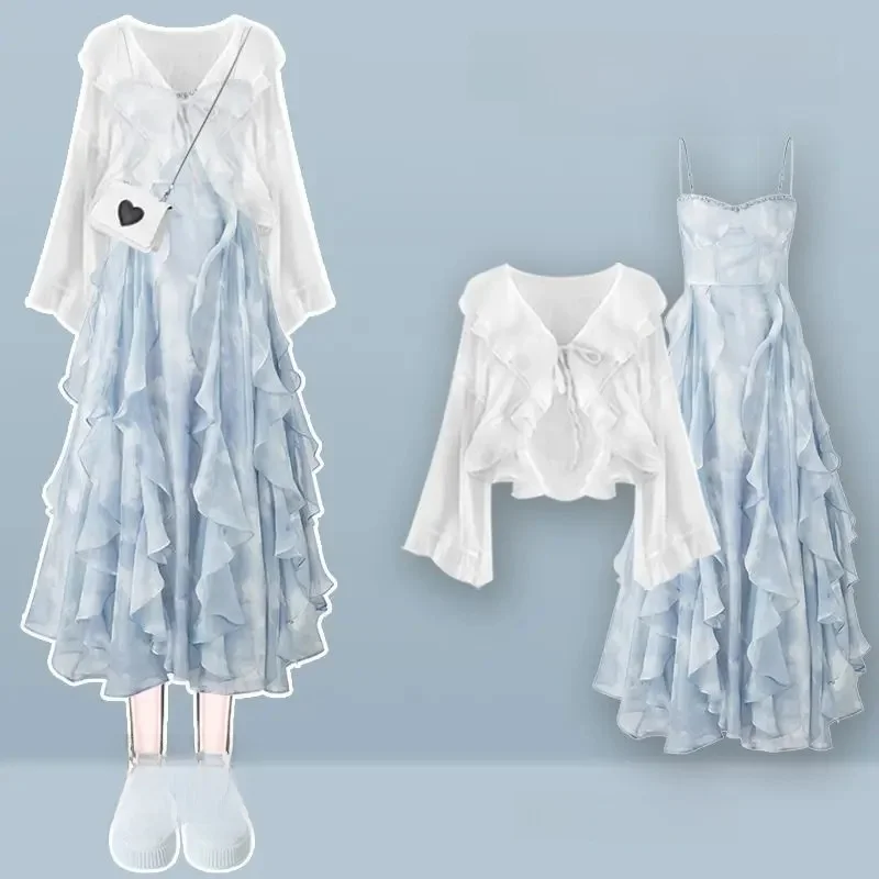 

2025 Spring Summer Blouse Dress Sets For Women Long Sleeve Cardigan Top + Midi Skirts Suit Y2K