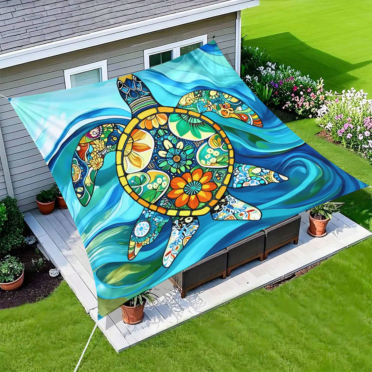 1-Piece Stylized Turtle Floral Geometric Outdoor Awning and Beach Shade-Vibrant UV Protection, Easy to Install and Store, Gre