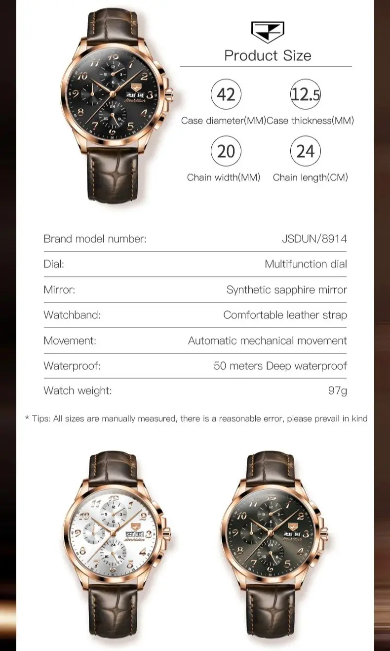 JSDUN 8914 Number Scale Mechanical Watch For Men Sapphire Mirror 42mm Big Dial Wristwatch Waterproof Dual Calendar Man Watches