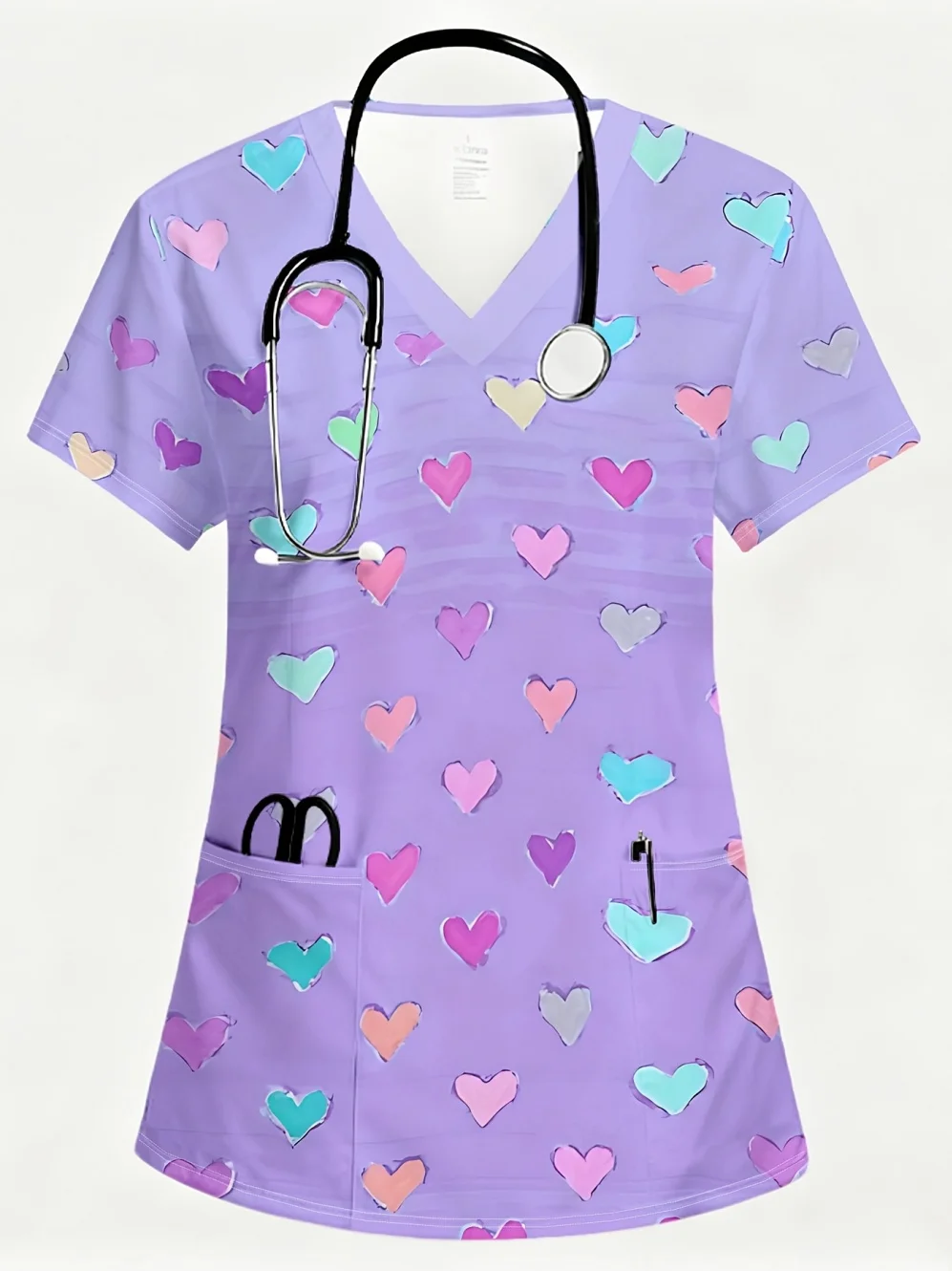 uniformes-cirurgicos-femininos-camiseta-de-manga-curta-com-decote-em-v-e-estampa-de-coracao-moda-para-dentistas-veterinarios-e-spas-uniforme-medico-feminino