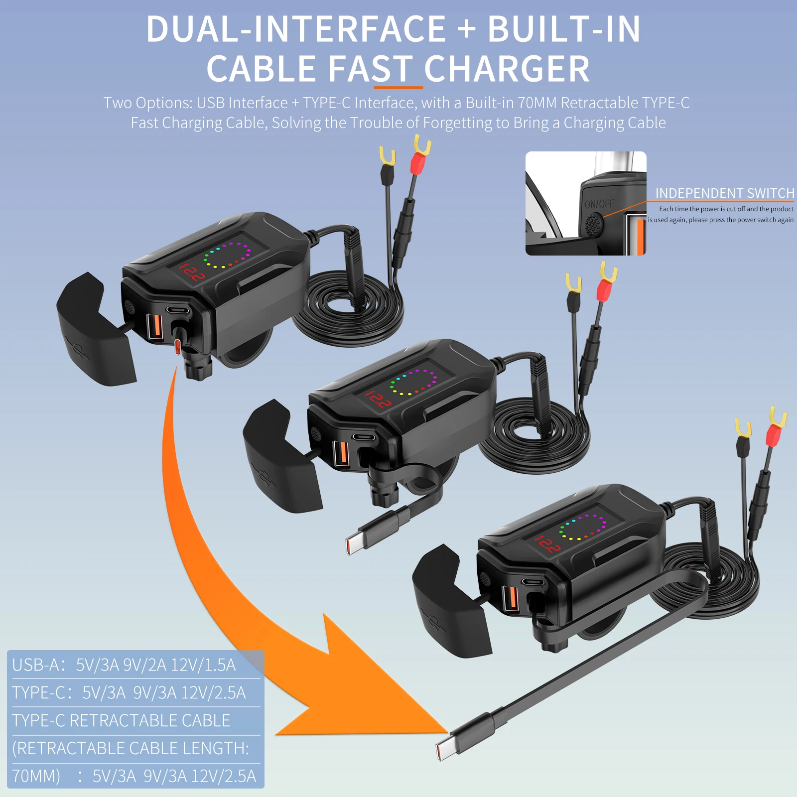 

Motorcycle USB Charger with LED Voltmeter & ON/Off Switch Motorcycle Phone Charger Waterproof Accessories for Cellphone Tablet