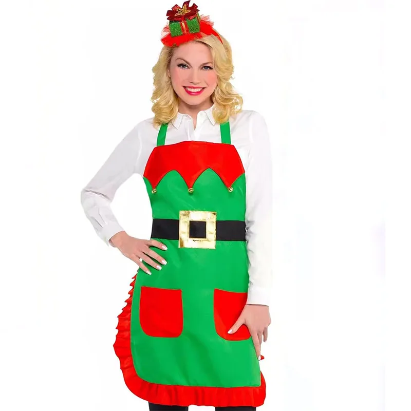 Adult Women Elf Apron Kitchen Cooking Santa Claus Apron for Kids Girls Christmas Fancy Dress Role Play