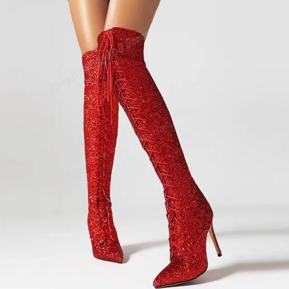 

Red Glitter Over the Knee Boots Cross Tied Solid Pointed Toe Stiletto High Heel Women Shoes 2023 New Sexy Zapatos Para Mujere