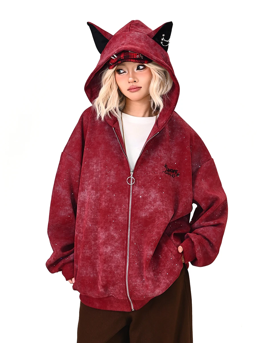 Loose Women's Hoodie Cardigan Devil Horn Spring 2026 New Style Streetwear College Style Outerwear Comfortable Long Sleeve Zipper