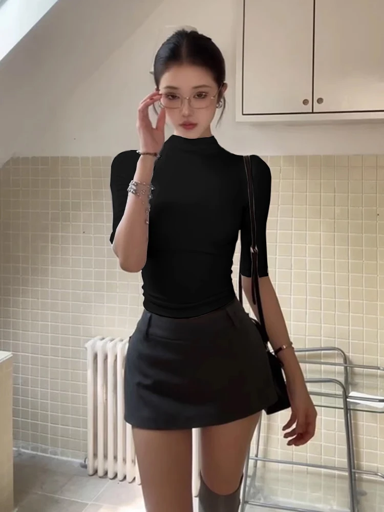 

Slim Fit Knitted mid Sleeve T-Shirt Women's Summer Sexy High Waist Short Pants Dress Set Korean Style Commute Casual Fashion