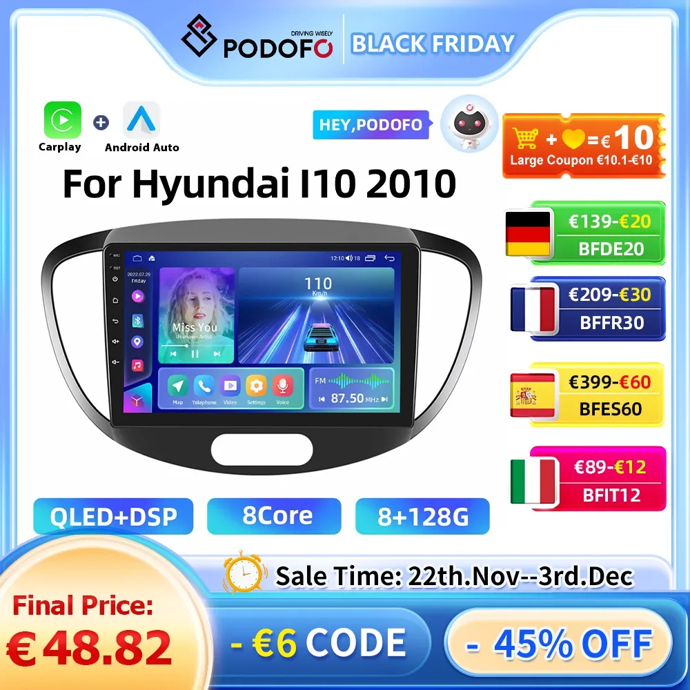 Podofo 9'' Android Car Stereo For Hyundai I10 2010 Multimedia Player Carplay Android Auto AI Voice 8Core Bluetooth Autoradio